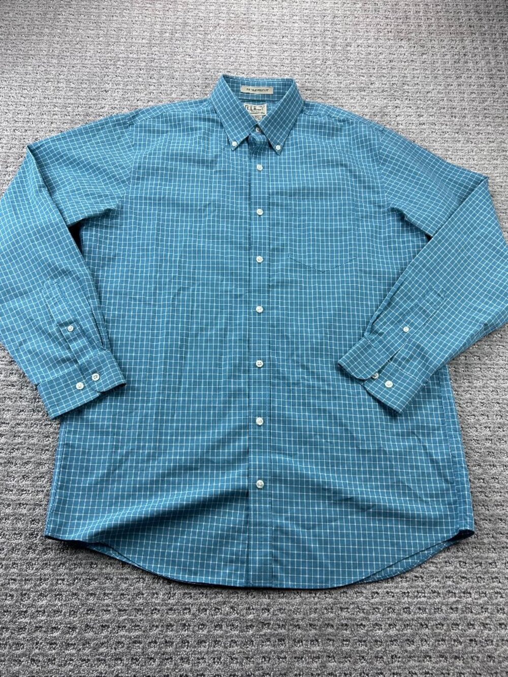L.L. Bean Button Down Shirt Men Medium Tall Teal White Checkered Preppy Designer